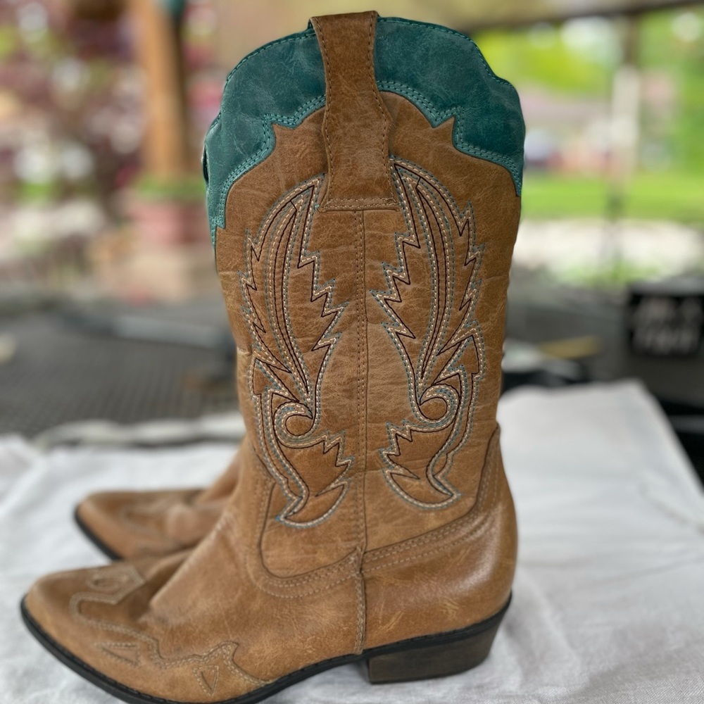 Coconuts by Matisse Tan and Teal Heeled Boots - Picture 9 of 13